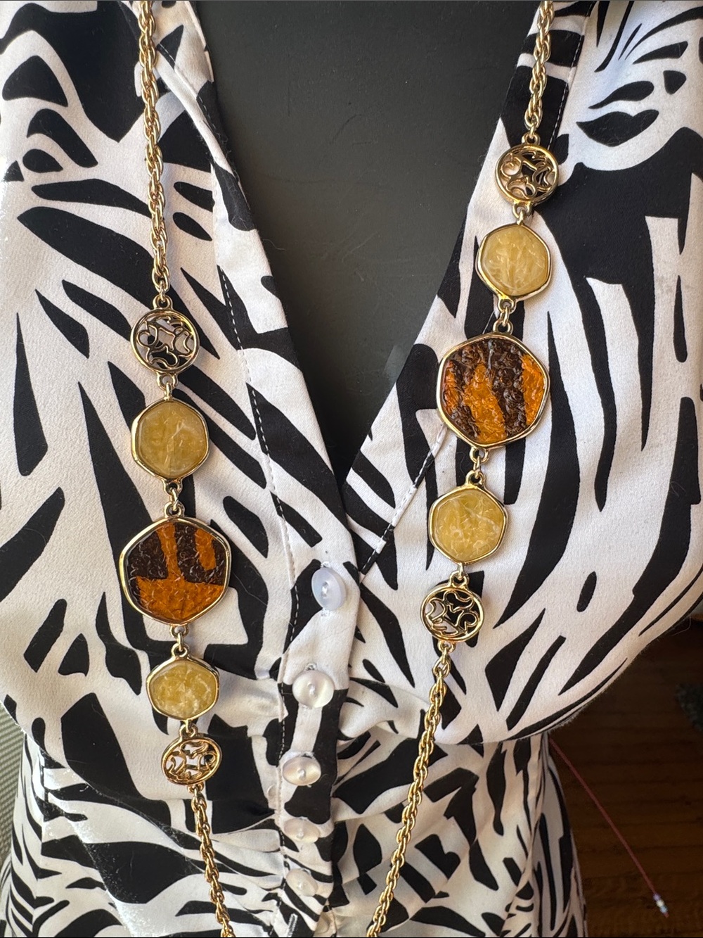 Gold-Tone Long Statement Necklace with Amber and Cream Resin Discs